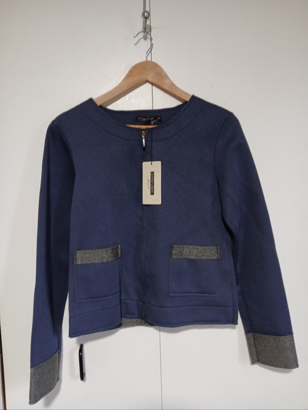 NWT Lungo L'Arno Made in Italy Navy Blue Cropped Jacket Gray Trim Small
